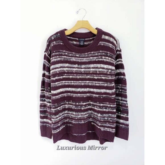Calvin Klein Knit Pullover Sweater Plum Purple White Striped Long Sleeve S New - Picture 2 of 9